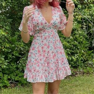 floral v cut ruffle dress